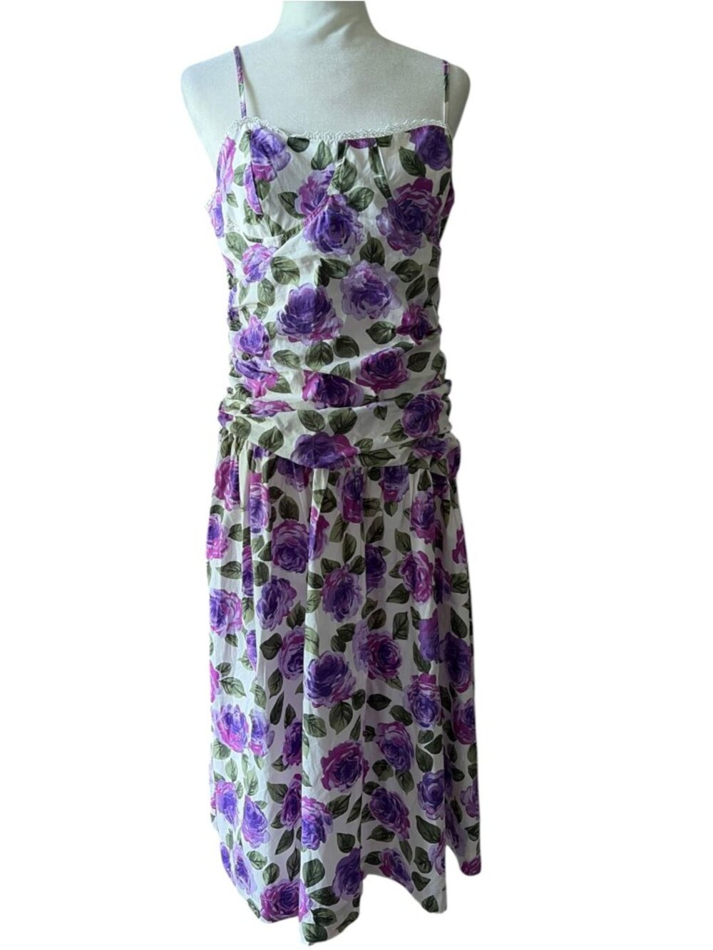 Anthropologie Maeve Purple Floral Midi Dress Garden Coquette SZ L Cocktail Party